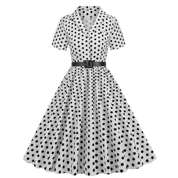 Women's Polka Dot Splicing Belt Short Sleeve European and American Dress Retro Dress