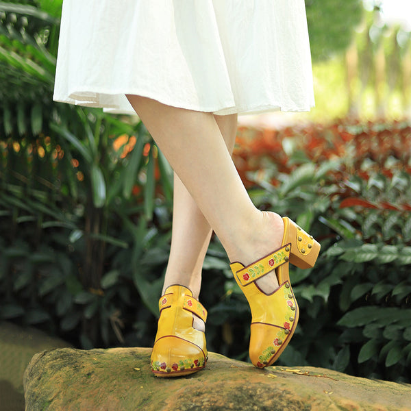 Leather Hand-polished Retro Flower Bag Head Comfortable Thick Heel Sandals