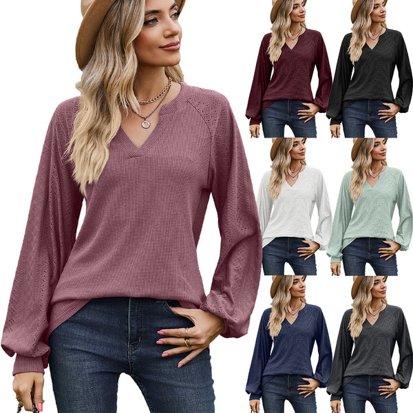 Autumn and Winter New Solid Color Splicing V-neck Loose Long-sleeved T-shirt Top Women's Clothing