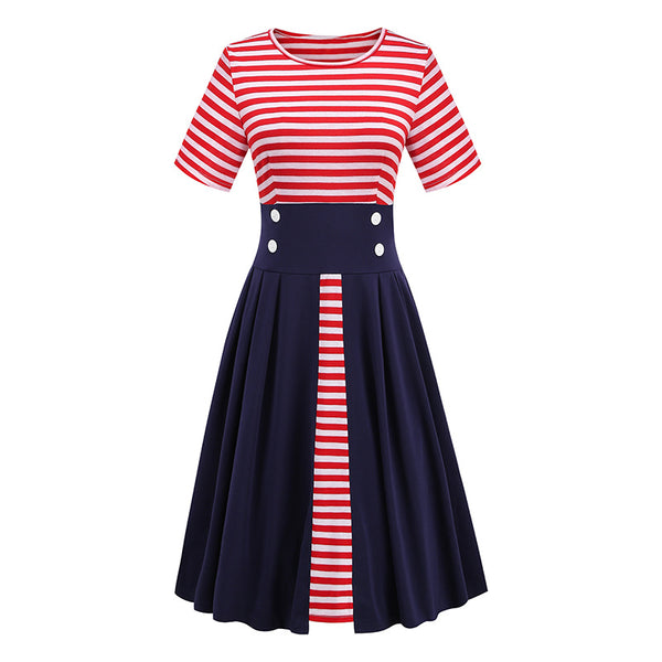 Hot-selling Flag Independence Day Striped Splicing Retro Contrasting Dress