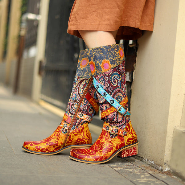 Vintage Heavy Industry Printed Women's Boots Thick Heel Knee-high Women's Boots