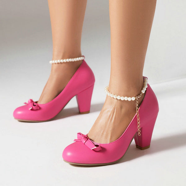 Bow Retro Mary Jane Thick Heel High Heel Pearl One-Word Buckle Strap Single Shoes