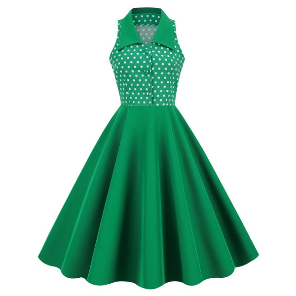 Cross-border Lapel Sleeveless Polka Dot Splicing Green Retro Dress