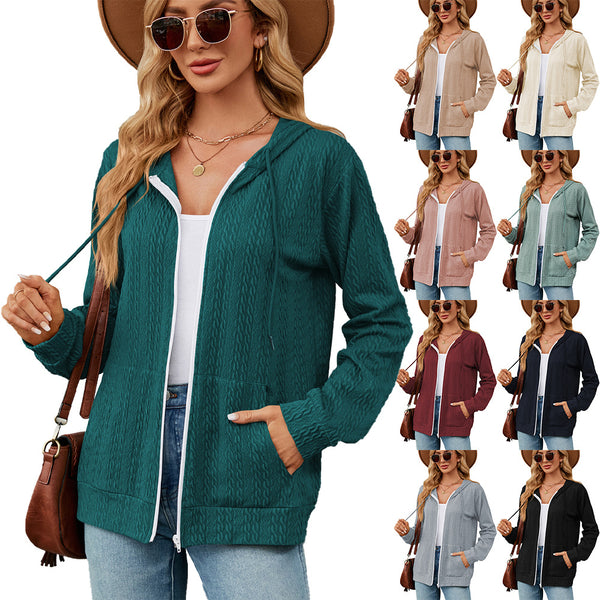 Autumn and Winter New Loose Long-sleeved Hooded Zipper Cardigan Pocket Sweater Women