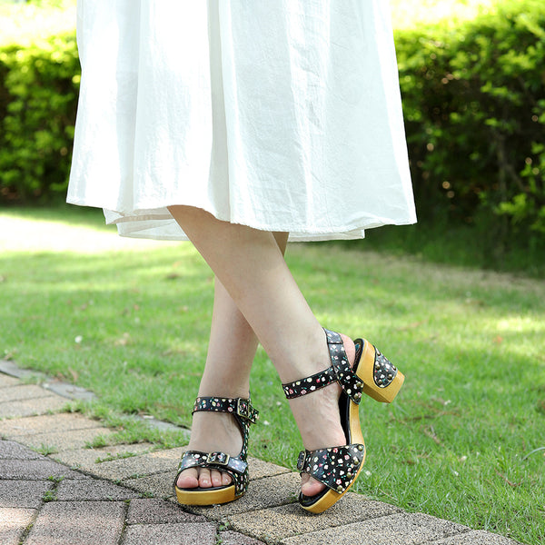 Leather Retro Floral Pastoral Comfortable Thick Heel High Heel Sandals