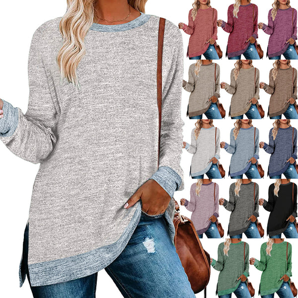 Women's long-sleeved round neck color-matching split top loose casual pullover T-shirt