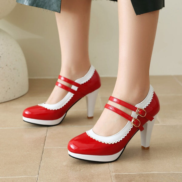 Women's Shoes High Heels Light Mouth Patent Leather Buckle Lace Solid Color Thick Heel Simple High Heels