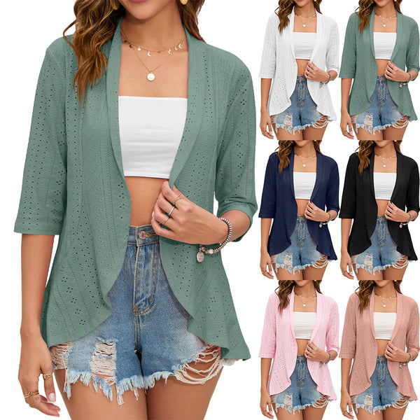 Solid Color Cardigan Jacket Seven-quarter Sleeve Ruffle Top Women