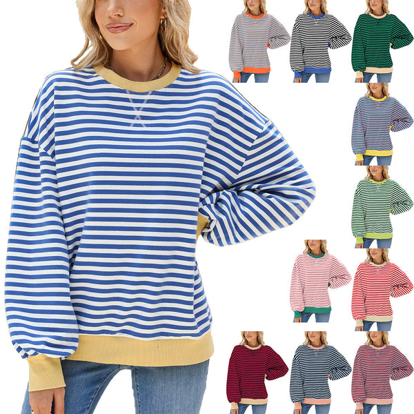 Striped Crew Neck Contrast Color Loose Long Sleeve Sweater Jacket Women