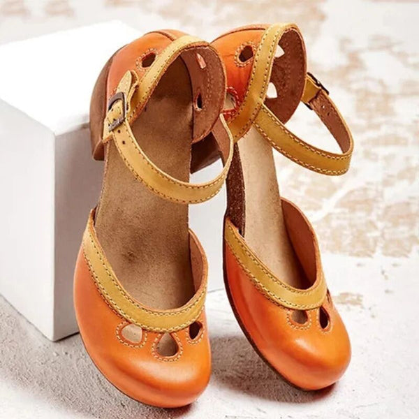 Women's Block Heel Color Matching Retro Heels  Buckle Elegant Round Toe Sandals