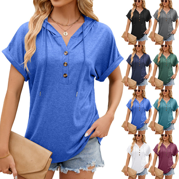 Spring and Summer Solid Color Hooded Button Loose Short Sleeve T-Shirt Top Women