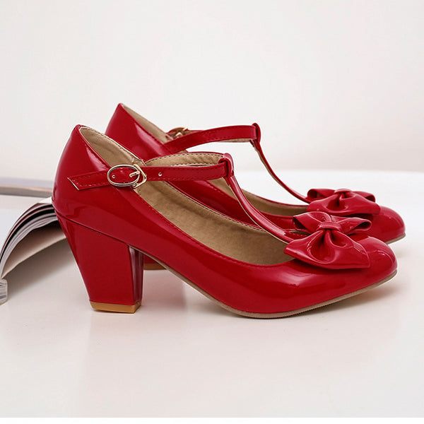 Sweet and Retro Chunky Heel Light Mouth T Strap Bow Elegant Heels