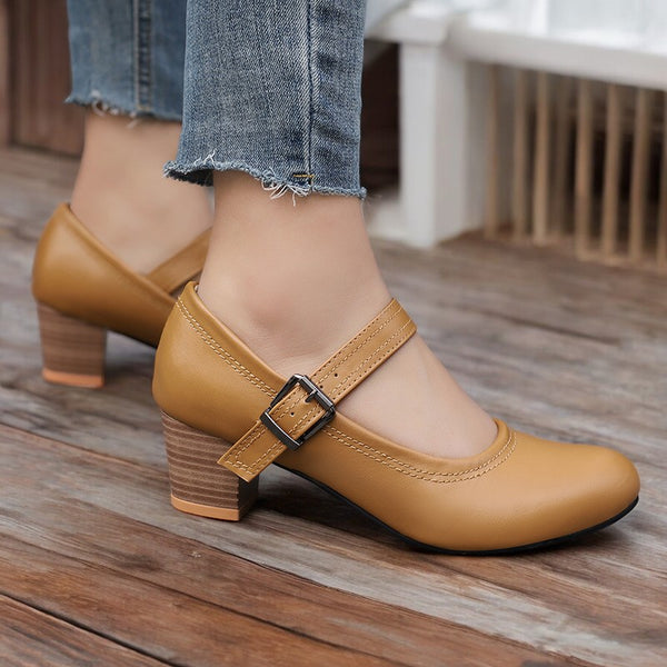 Comfortable Block Heel Women's Shoes Buckle Solid Color Retro Elegant Heels